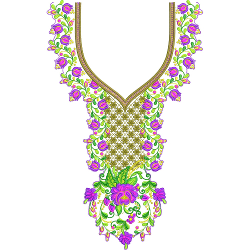 Floral V-Neck Embroidery Design with Geometric Center and Decorative Border