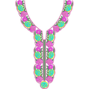 Floral V-Neck Embroidery Design with Pink Roses and Turquoise Motifs
