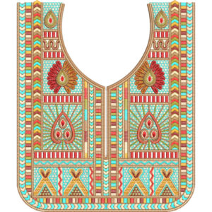 Geometric Paisley Neckline Embroidery Design with Multicolor Borders