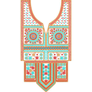 Multicolor Geometric Neckline Embroidery Design with Floral Medallions