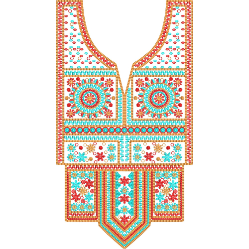 Multicolor Geometric Neckline Embroidery Design with Floral Medallions