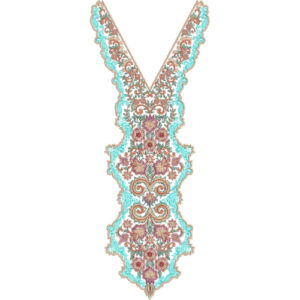 Turquoise and Maroon Ornamental V-Neck Embroidery Design
