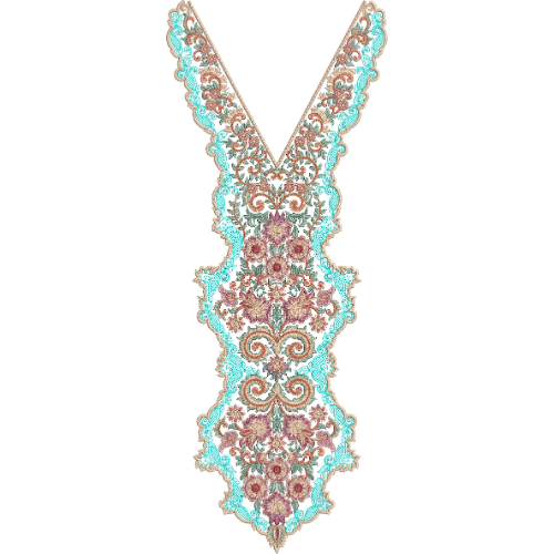 Turquoise and Maroon Ornamental V-Neck Embroidery Design