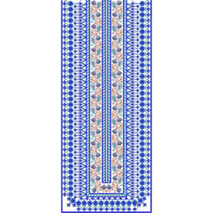 Blue Floral Geometric Neckline Embroidery Design with Vertical Borders
