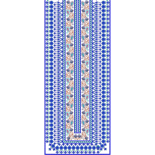 Blue Floral Geometric Neckline Embroidery Design with Vertical Borders