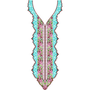 Turquoise and Pink Floral V-Neck Embroidery Design