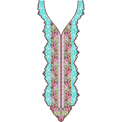 Turquoise and Pink Floral V-Neck Embroidery Design