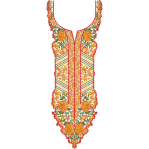 Orange Floral V-Neck Embroidery Design with Geometric Chevron Panels