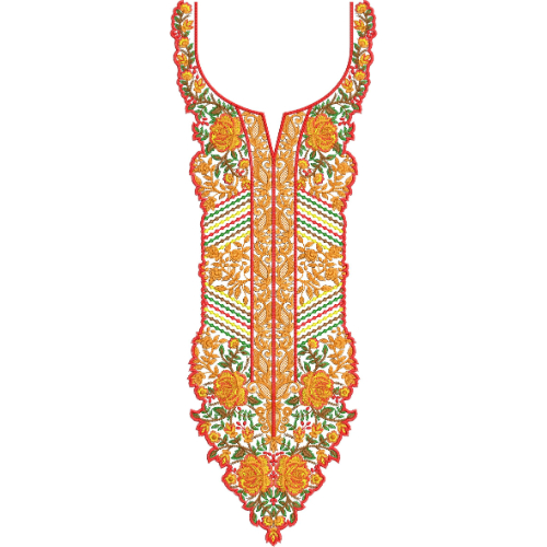Orange Floral V-Neck Embroidery Design with Geometric Chevron Panels