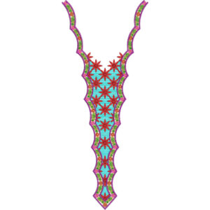Turquoise and Red Geometric V-Neck Embroidery Design