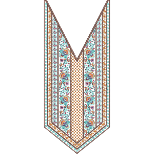 Floral V-Neck Embroidery Design with Geometric Border Panels