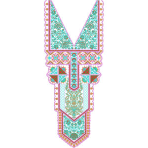 Turquoise Floral Embroidery Neckline Design with Geometric Border