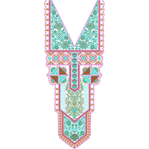 Turquoise Floral Embroidery Neckline Design with Geometric Border