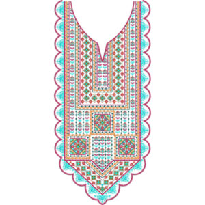 Colorful Geometric Embroidery Neckline Design with Scalloped Border