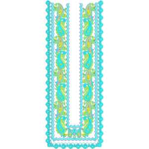 Turquoise and Gold Paisley Embroidery Neckline Design with Decorative Border