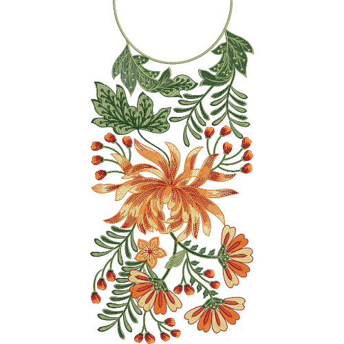 Orange Floral and Green Leaf Embroidery Neckline Design