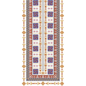 Traditional Blue and Orange Geometric Embroidery Neckline Design