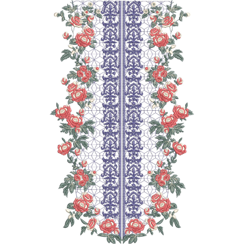 Elegant Blue and Coral Rose Floral Neckline Embroidery Design