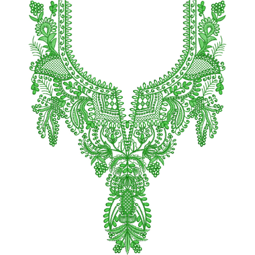 Elegant Green Floral and Paisley V-Neckline Embroidery Design