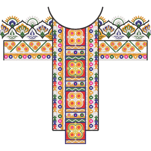 Colorful Geometric Floral U-Neckline Embroidery Design