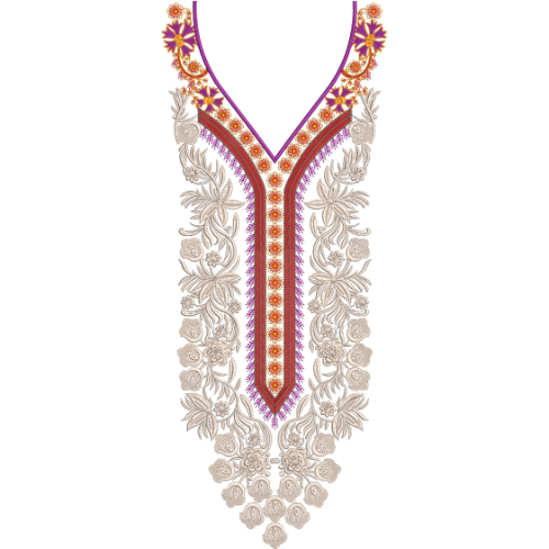 Elegant Purple and Gold Floral V-Neckline Embroidery Design