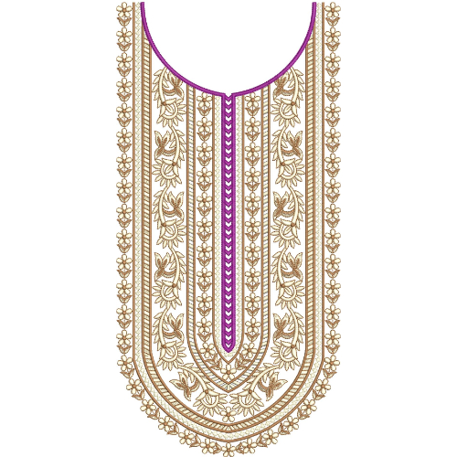 Elegant Gold and Purple Floral U-Neckline Embroidery Design