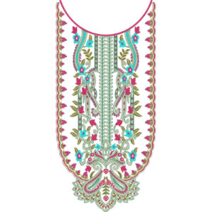 Elegant Pink and Turquoise Floral U-Neckline Embroidery Design