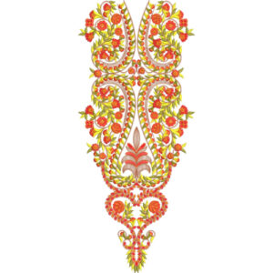 Elegant Orange and Green Floral Paisley Neckline Embroidery Design