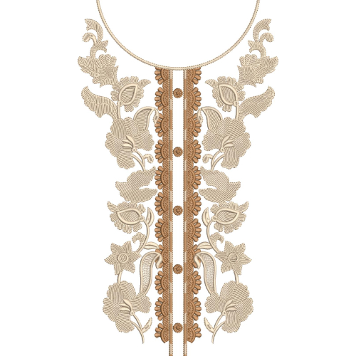 Elegant Beige and Brown Botanical U-Neckline Embroidery Design