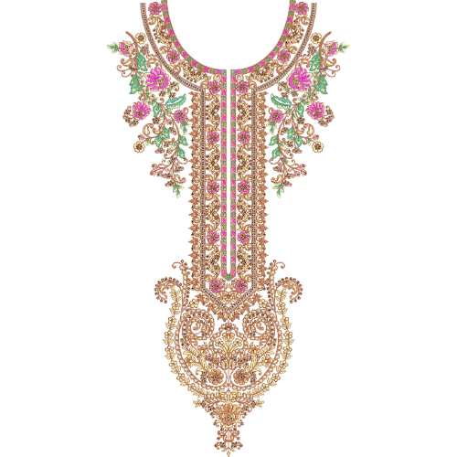 Elegant Pink and Gold Floral Paisley U-Neckline Embroidery Design