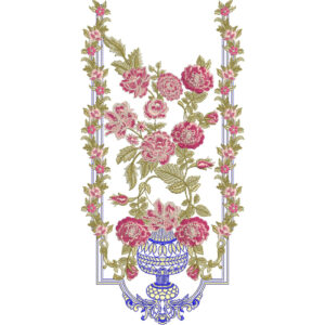 Elegant Pink Rose and Blue Vase Floral Embroidery Design