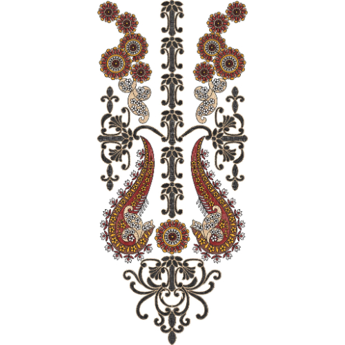Elegant Multicolor Paisley and Ornamental Embroidery Neckline Design