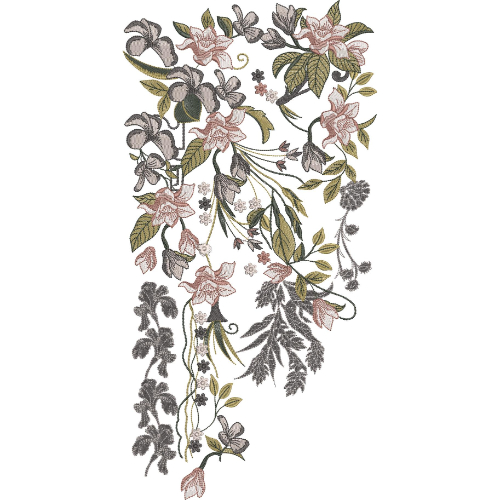 Elegant Pink and Gray Botanical Floral Embroidery Design