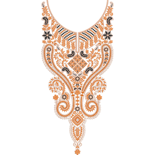 Elegant Orange and Black Paisley Floral V-Neckline Embroidery Design