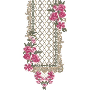 Elegant Pink Rose and Gold Lattice Border Embroidery Design