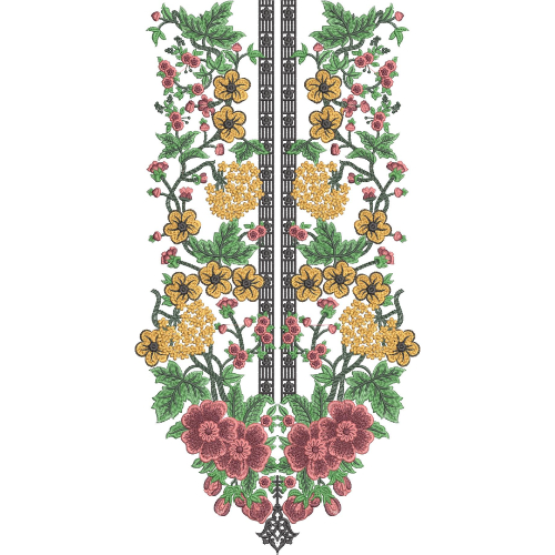 Elegant Multicolor Floral and Black Geometric Border Embroidery Design