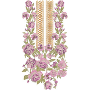 Elegant Pink Rose and Gold Lattice Floral Neckline Embroidery Design