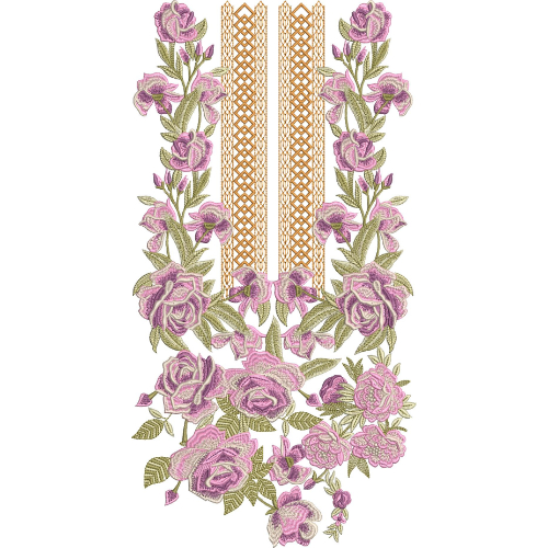 Elegant Pink Rose and Gold Lattice Floral Neckline Embroidery Design