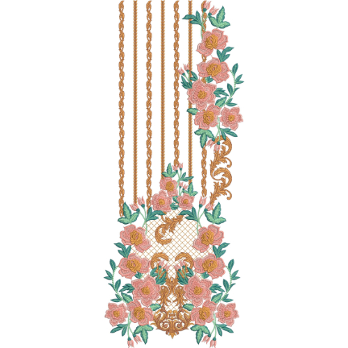 Elegant Peach Floral and Gold Hanging Vine Embroidery Design