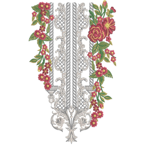 Elegant Multicolor Floral and Silver Ornamental Neckline Embroidery Design