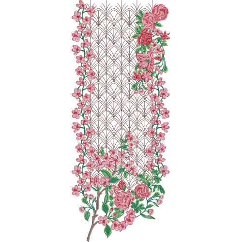 Elegant Pink Rose Floral and Geometric Lattice Embroidery Design