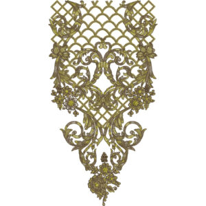 Elegant Olive Gold Ornamental Lattice and Floral Neckline Embroidery Design