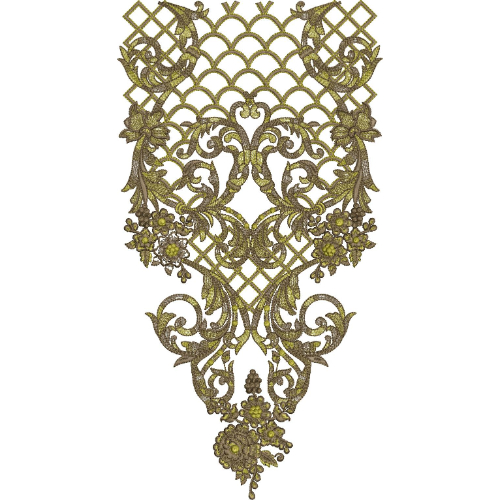 Elegant Olive Gold Ornamental Lattice and Floral Neckline Embroidery Design