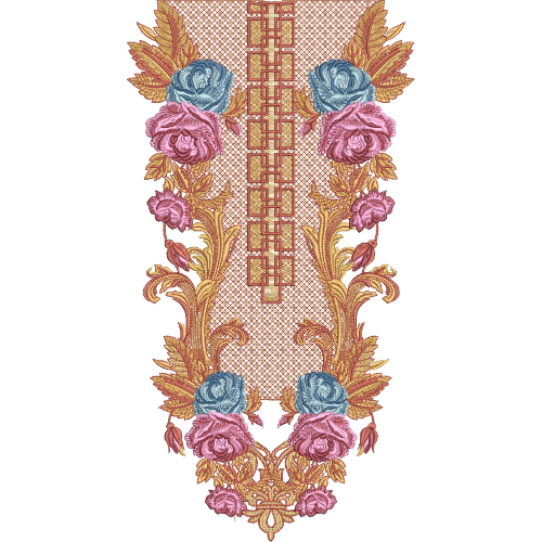 Elegant Blue and Pink Rose Floral Front Panel Embroidery Design