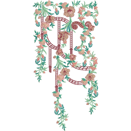 Elegant Peach and Green Floral Vine Ribbon Embroidery Design