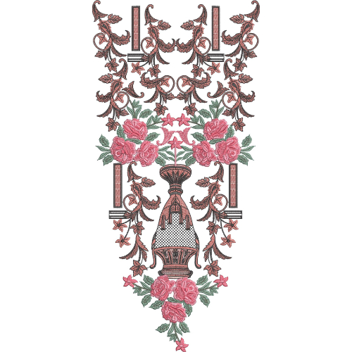 Elegant Pink Rose and Ornamental Vase Embroidery Design