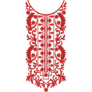 Elegant Red Floral Scrollwork and Geometric Neckline Embroidery Design