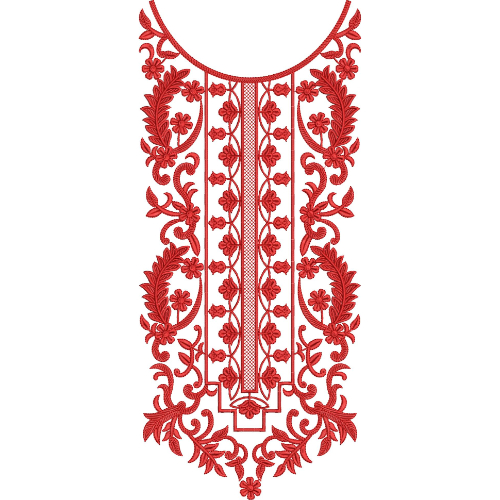 Elegant Red Floral Scrollwork and Geometric Neckline Embroidery Design