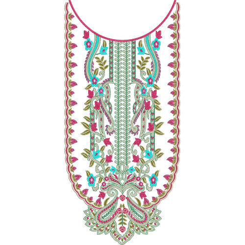 Elegant Multicolor Floral and Paisley Long Neckline Embroidery Design