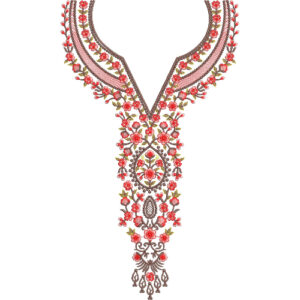 Elegant Red Floral V-Neckline and Ornamental Pendant Embroidery Design